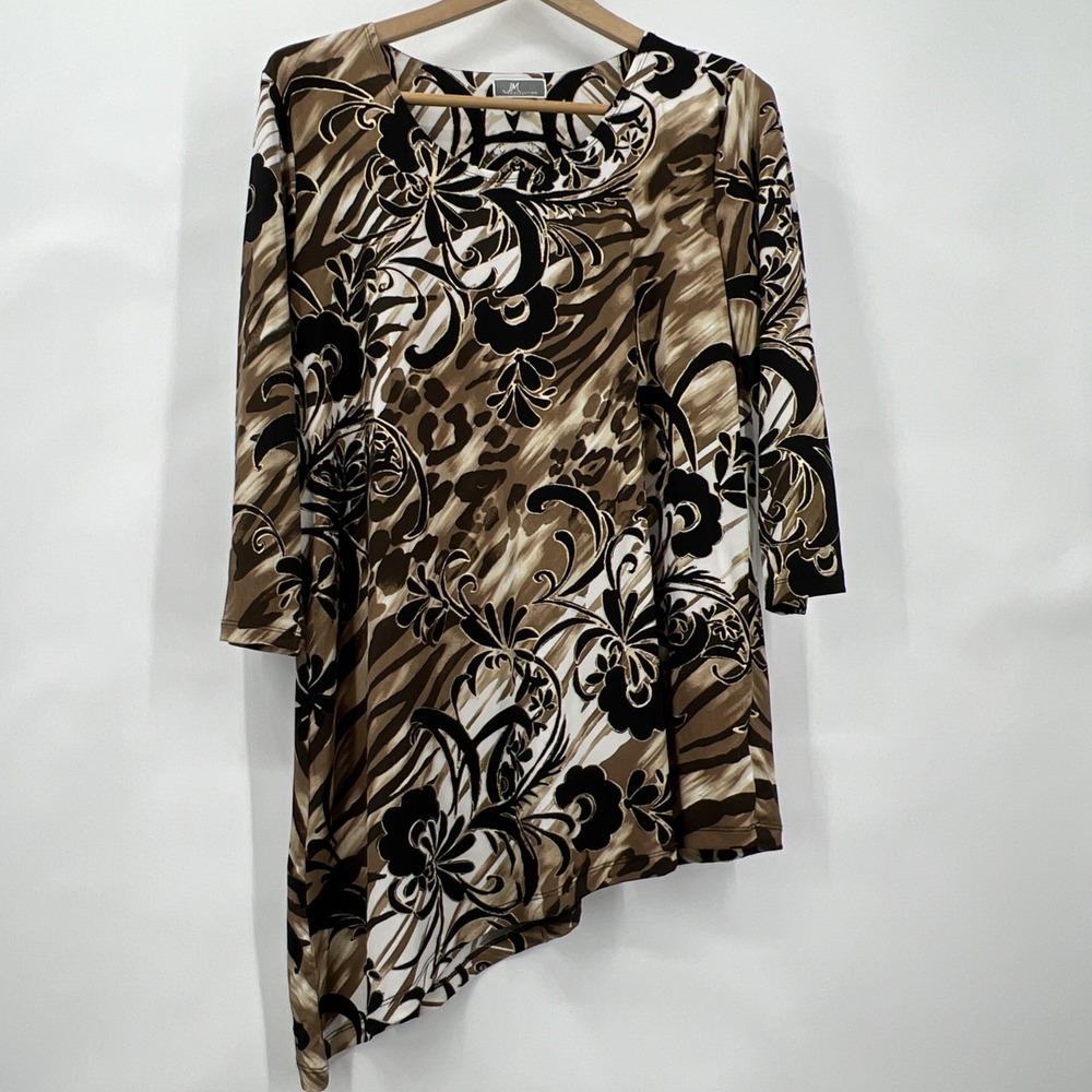 JM Collection Brown Animal Print Pull Over Blouse Tunic Top Sz L Asymmetric Hem